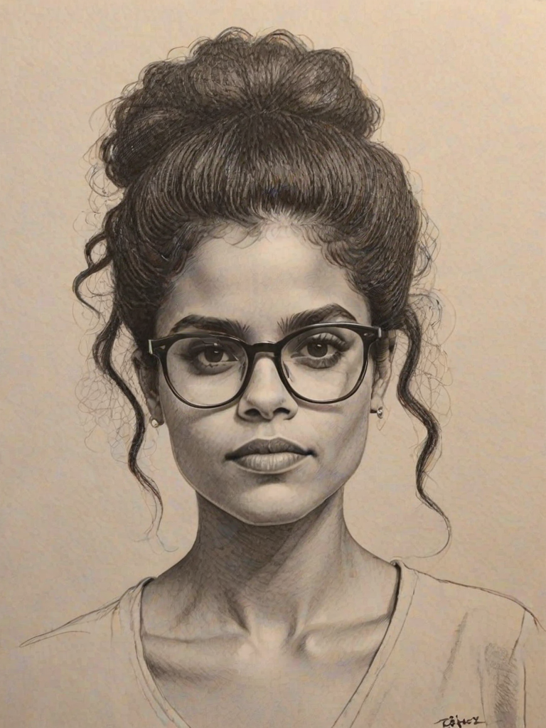 Lovely Zazie Beetz, pencil sketch, portrait of Sublime woman 1973s in glasses, hair style beatnik, outline, clear lines, fine lines, 8k