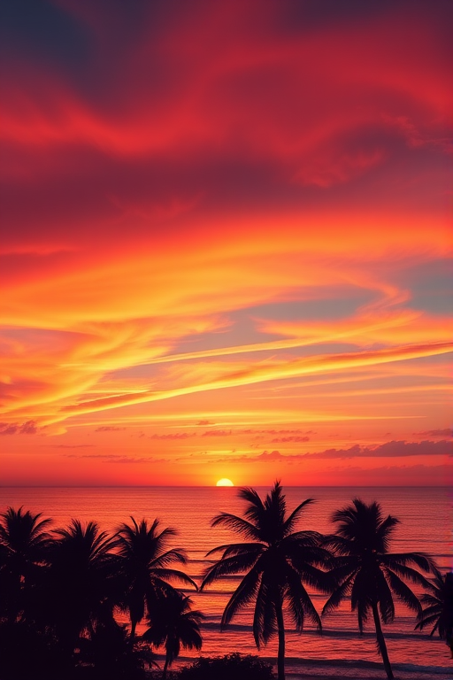 Create a high-resolution digital illustration of a vibrant sunset over a calm sea with silhouetted palm trees in the foreground, using a Canon EOS R5 with a 24-70mm f/2.8 lens, aperture set to f/8, ISO 100, and a shutter speed of 1/100 seconds, captured from a low angle view to emphasize the foreground elements and enhance color saturation.