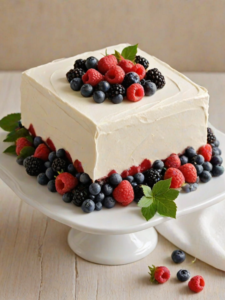 Create an image of a square cake with a smooth white frosting. The cake should have a minimalist design, featuring fresh berries like blueberries, raspberries, and blackberries, along with white roses and green leaves placed around the sides. The background should be simple and light to emphasize the cake's elegance.