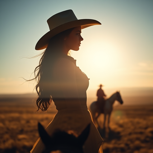 "Create a Double exposure", a silhouette "profile portrait of a young cowgirl" with long hair "superimposed" against a long shot of a cowgirl riding a horse across the plains, fantastic view, 32k, cinematic, hyper-realistic.