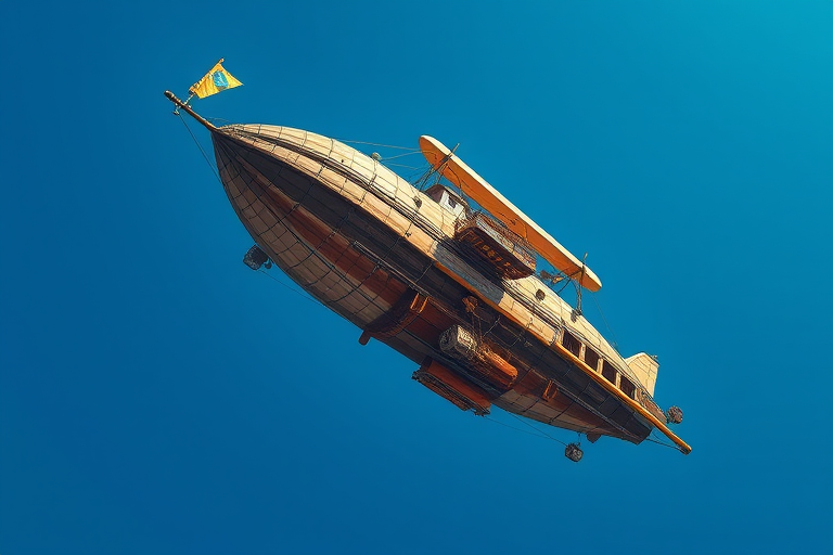 create a highly detailed steampunk airship in a clear blue sky, captured with a DSLR camera, 50mm lens, f/1.8 aperture, ISO 100, high dynamic range, and top-down view for enhanced quality