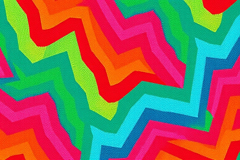 Create a high-resolution seamless zigzag pattern in bright colors, using a DSLR camera with a 50mm lens, f/8 aperture, ISO 100, capturing the image from a top-down view to enhance texture and vibrancy.