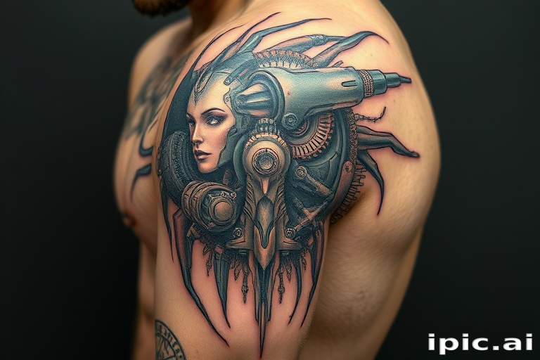 Biomechanical tattoo named "Cybernetic Fusion" blending organic forms with mechanical elements to create the illusion of exposed robotic parts beneath the skin, admired for its intricate detailing and futuristic aesthetic