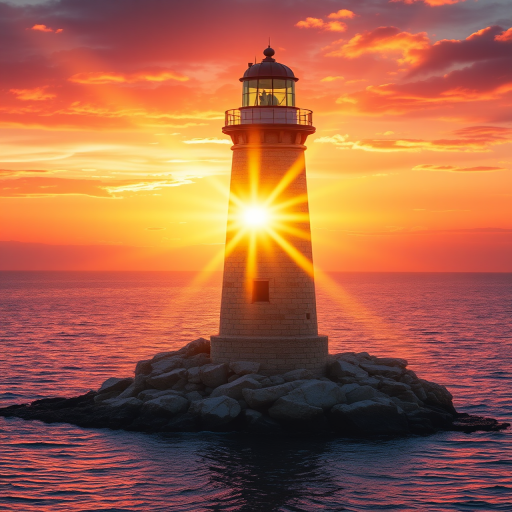 Generate an image of a tall lighthouse perched on a rocky outcrop surrounded by calm ocean waters during a breathtaking sunset. The lighthouse stands sturdy and weathered, its stone surface illuminated by the warm golden light of the setting sun. The sun's rays pass directly through the glass lantern room at the top of the lighthouse, casting a brilliant light across the scene. The sky is painted with vibrant shades of orange, pink, and purple, reflecting off the tranquil sea. The surrounding water shimmers with the same warm hues, creating a serene and majestic atmosphere.
