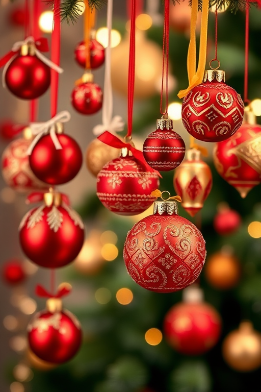 Create a vibrant and festive holiday decoration scene with a variety of red and gold ornaments hanging from a string, featuring detailed designs and ribbons, shot with a DSLR camera at f/2.8 aperture, 50mm lens, ISO 100, and a soft focus background for enhanced depth of field.