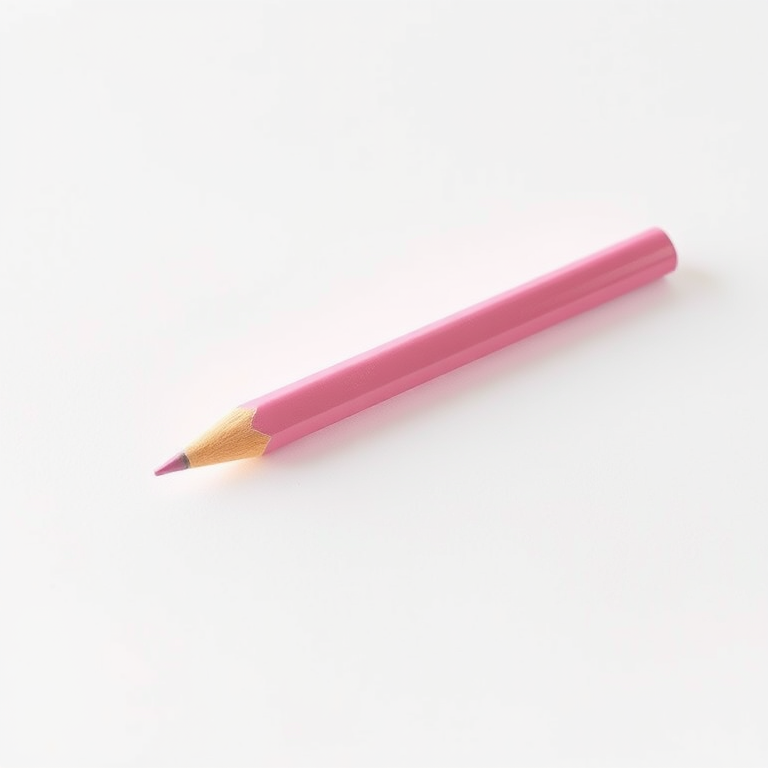 Create a high-resolution illustration of a pink eraser-tipped pencil lying diagonally on a plain white background with soft, diffused lighting, using a Canon EOS R5 with a 50mm lens at f/1.8, ISO 100, and a shutter speed of 1/250s.