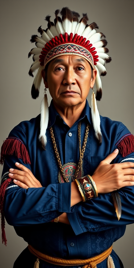 Create a dignified portrait of a Native American man dressed in traditional attire. He wears a beautifully crafted headdress adorned with white feathers and red beads, along with a beaded headband featuring intricate patterns. His clothing includes a deep blue, patterned shirt and a traditional chest piece with detailed beadwork. His arms are crossed, displaying leather armbands decorated with feathers. The background is simple and neutral, emphasizing his proud and stoic expression. The overall image captures the rich cultural heritage and strength of his persona.