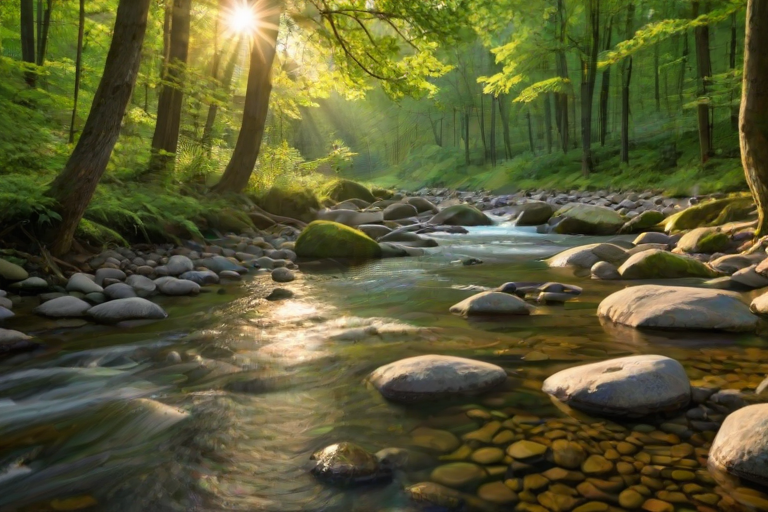 Create an image of a serene, sunlit forest scene with a clear, gently flowing river. Tall trees with lush green foliage line both sides of the river, their leaves bathed in the warm golden light of the setting or rising sun. The sunlight filters through the trees, casting soft, dappled light on the river, which flows over smooth rocks and pebbles, creating a peaceful, natural atmosphere. The sky is bright with a few scattered clouds, and the overall mood is tranquil, evoking a deep sense of connection with nature. The image captures the beauty of a calm, pristine forest landscape at either dawn or dusk.