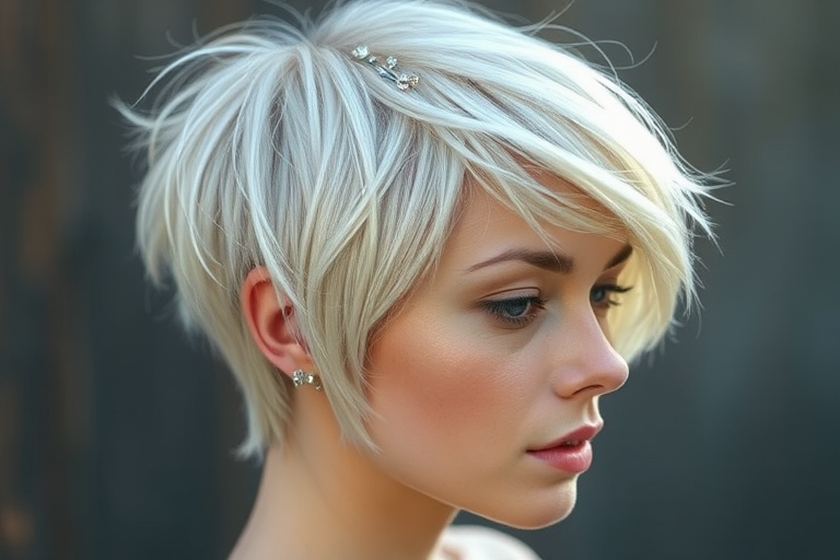Ethereal platinum blonde pixie cut with delicate silver streaks, created by Celeste Moonbeam, showcasing wispy bangs and textured layers, adorned with iridescent glitter and tiny crystal hair pins