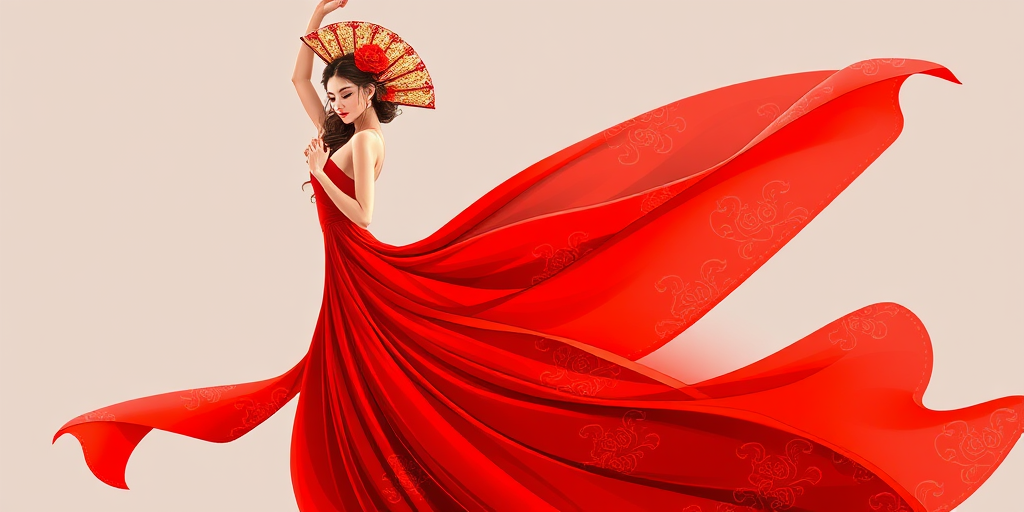 Create an illustration of a woman in a flowing red gown with intricate patterns, holding a decorative fan and wearing a flower in her hair, captured in a dynamic pose; use a DSLR camera with a 50mm lens, f/1.8 aperture, 1/200s shutter speed, and natural lighting to enhance vivid colors and details.