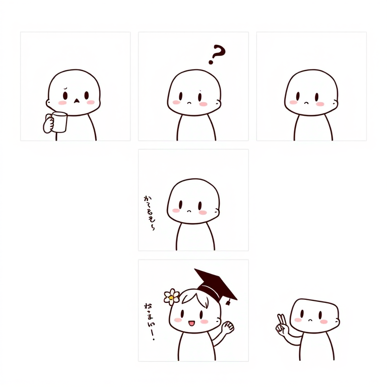 Create a six-panel comic featuring a simple cartoon character with a smooth head and minimal facial features. In the first panel, the character is holding a mug and looking thoughtful. In the second panel, the character has a confused expression with a question mark above its head. The third panel shows the character with a serious expression and a raised fist. In the fourth panel, the character is holding a ring and looking determined. The fifth panel features the character with a flower in its hair and a heart gesture. In the sixth panel, the character is wearing a graduation cap and making a peace sign. The style should be minimalistic and playful.