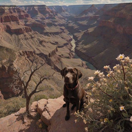 dark and unsettling dream showing in Grand Canyon, USA, Overhead View, sage and brown Labrador Retriever is esthetic, captivating spring bloom on the background , avatar of elements. magical surrealism, wizardry. best quality, high resolution (embedding:dw01-3400:0.8) <lora:F_QuinnXL:0.8>