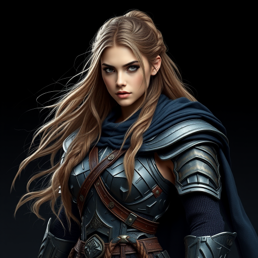 Create a digital artwork of a strong female warrior with long hair, wearing detailed armor and a flowing dark cape, set against a gradient black background, captured with a Canon EOS R5 using a 50mm lens at f/1.8, in soft focus for a painterly effect.