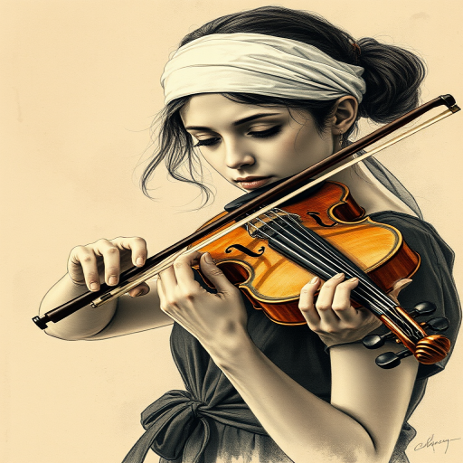 a young Mizrahi woman with a white headband playing a violin, in the style of a charcoal drawing, sepia grunge background