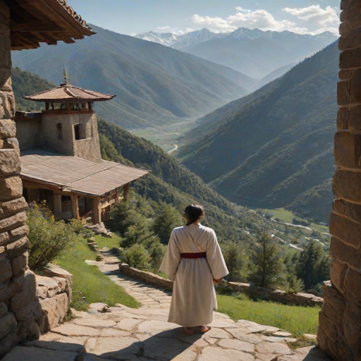 Serene hilltop monastery, a woman dressed in simple robes stands by the entrance, the sound of a distant bell ringing in the crisp mountain air as she gazes out over the valley below.