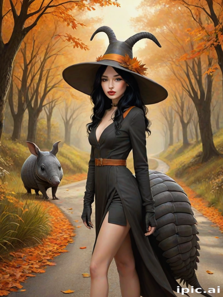 digital art fantasy depicting a strange girl with black hair, long eyelashes, orange lipstick and a tall hat walking along a winding road on an autumn afternoon, an armadillo smiles as he passes