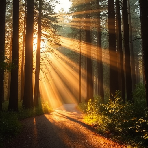 a serene forest path illuminated by soft sunlight filtering through tall trees, mist rising from the ground, golden hour lighting, depth of field focus on foliage, Canon EOS R5, 24mm lens, f/2.8, ISO 100, 1/60 sec, landscape orientation, HDR style