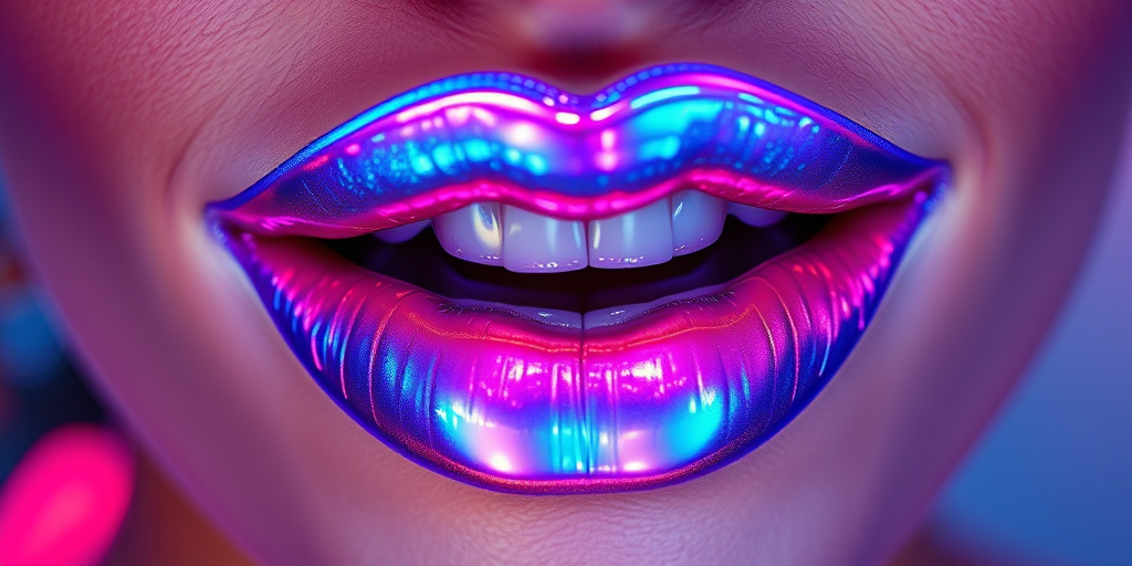Holographic iridescent lips shine with otherworldly beauty in the "Prismatic Dream" style, showcasing a kaleidoscope of shifting colors that range from cool blues to warm pinks, depending on the angle and lighting, creating a mesmerizing and futuristic lip look that's perfect for avant-garde fashion events or editorial photoshoots