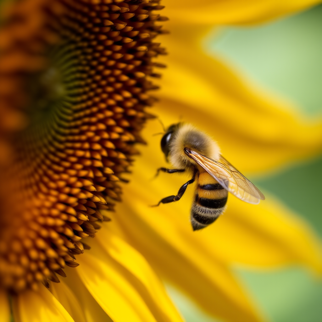 macro photograph of a bee on a sunflower with a blurred background, aperture f/2.8, shutter speed 1/200s, ISO 100, taken with a DSLR camera, 100mm lens, natural lighting