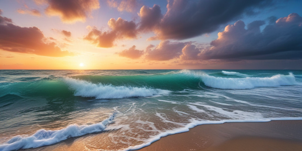 Serene Sunset Over the Ocean with Gentle Waves and Colorful Clouds
