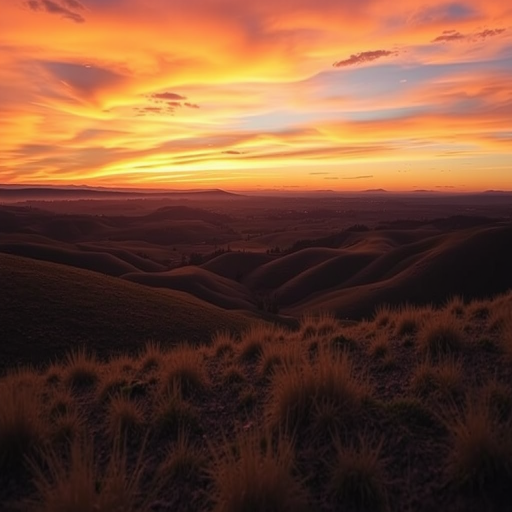Create a high-resolution image of a serene landscape at sunset with vibrant colors in the sky, using a Canon EOS R5 with a 24-70mm lens, aperture f/8, ISO 100, shutter speed 1/250s, shot from a wide-angle perspective to capture the depth of the scene.