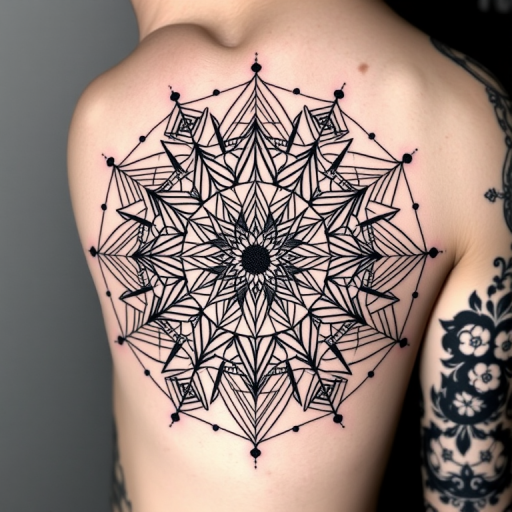 Intricate blackwork geometric tattoo called "Sacred Symmetry" showcasing a complex arrangement of precise lines, shapes, and patterns inspired by sacred geometry and mandala designs. The tattoo features bold, solid black ink with varying line weights to create depth and contrast, incorporating triangles, circles, and hexagons that interlock and overlap to form a mesmerizing optical illusion. This style is defined by its mathematical precision, strong visual impact, and symbolic meaning, often representing the interconnectedness of all things in the universe. The "Sacred Symmetry" design extends from a central focal point, radiating outward in perfect balance and harmony, creating a sense of order and unity within the intricate details. This tattoo style appeals to those who appreciate minimalism, geometry, and the intersection of art and mathematics.