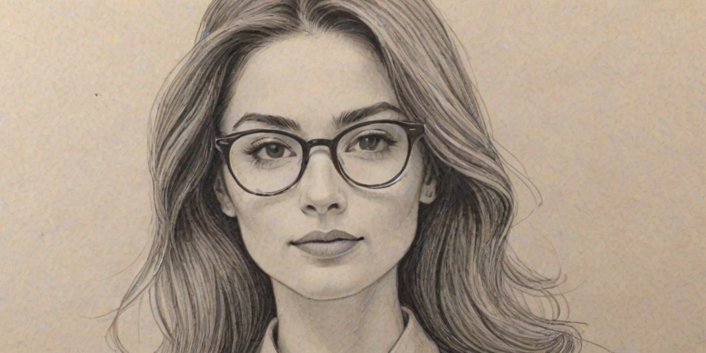 Dazzling Emily Robinson, pencil sketch, portrait of Resplendent woman 1967s in glasses, hair style beatnik, outline, clear lines, fine lines, 8k