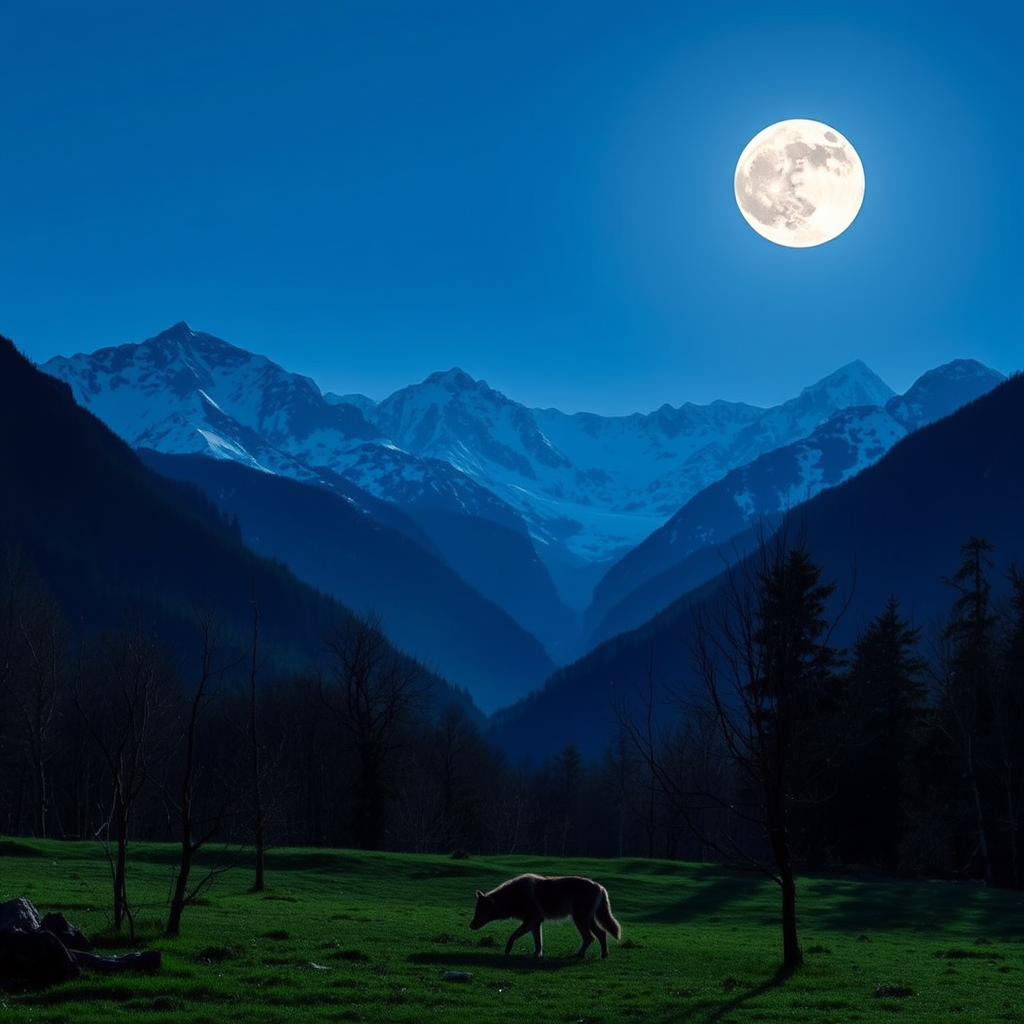 Create a digital landscape of a serene night scene featuring a full moon illuminated in a clear blue sky, majestic snow-capped mountains in the background, a lush green foreground with sparse, leafless trees, and a solitary wolf silhouette walking, using a wide-angle lens at f/8 aperture, ISO 400, with a tripod for stability to enhance clarity and detail.