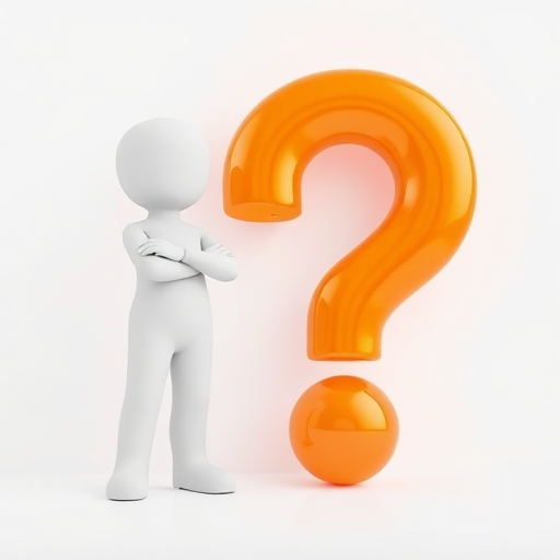 create an image of a white 3D figure with a questioning pose next to a large, shiny, orange question mark on a plain white background, use a Canon EOS R5 camera, aperture f/8, ISO 100, focal length 50mm, in a soft focus style with natural lighting