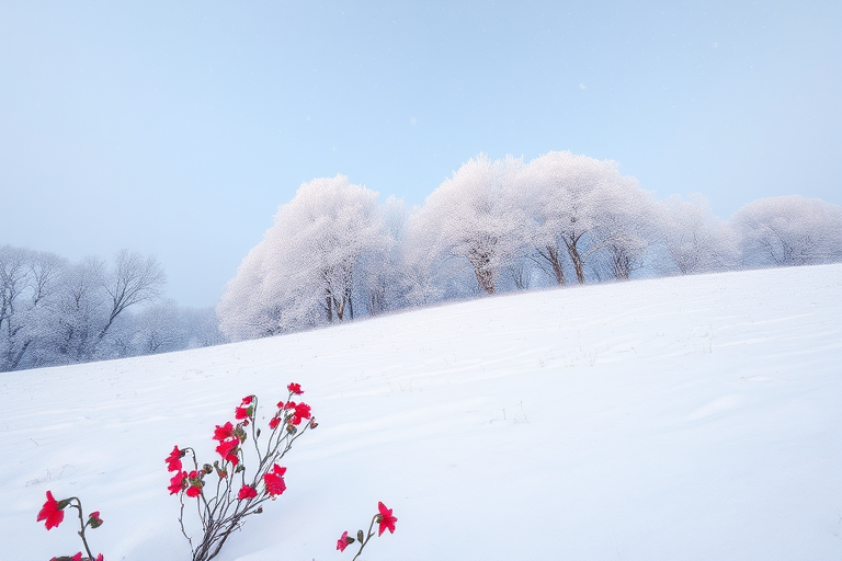 a serene winter landscape with soft falling snow, pale blue sky, frosted trees in the background, a gentle slope covered in snow with delicate red flowers in the foreground, shot from a wide-angle view, using a DSLR camera at f/5.6, ISO 200, shutter speed 1/250 sec, in a soft focus style to enhance the tranquility of the scene