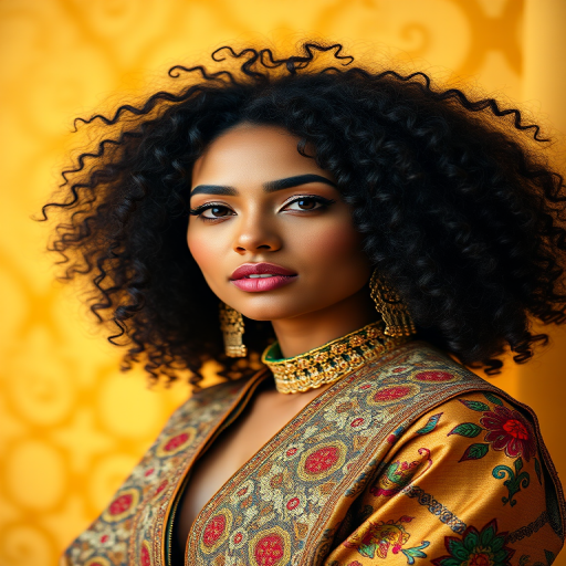 Create a portrait of a woman with voluminous curly hair wearing an ornate golden and colorful patterned outfit against a vibrant golden background, captured with a Canon EOS R5, 50mm lens, f/1.8 aperture, ISO 100, natural lighting, and a shallow depth of field to enhance detail and richness in color.