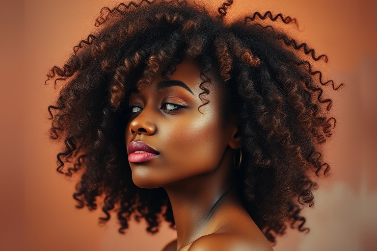 Create a vibrant, high-resolution portrait of a woman in profile with expressive curly hair, using warm, earthy color tones for the background, captured with a Canon EOS R5, 50mm lens, f/1.8 aperture, ISO 100, natural light, and a soft focus style.
