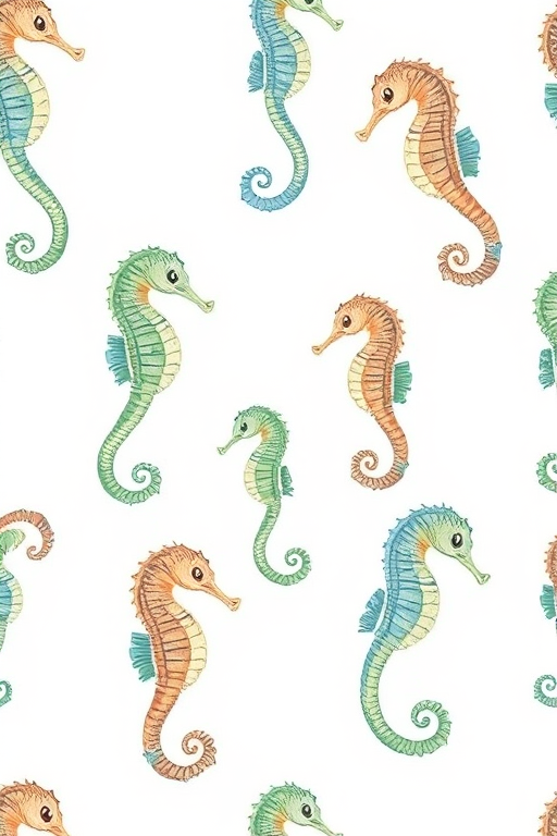 create a seamless pattern of illustrated seahorses in a whimsical style on a white background, shot with a Canon EOS R5 at f/8, ISO 100, 50mm lens, using soft natural lighting for enhanced color and detail
