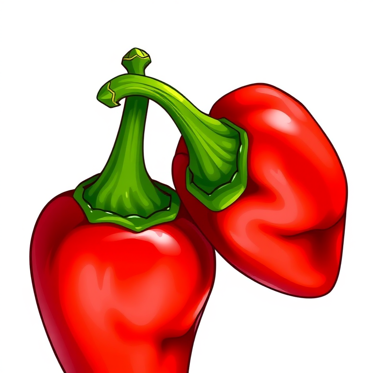 Illustration of two ripe red chili peppers with vibrant colors and smooth shading, shot with a Canon EOS R5, 50mm lens, f/2.8 aperture, 1/200s shutter speed, and natural lighting for enhanced detail and richness.