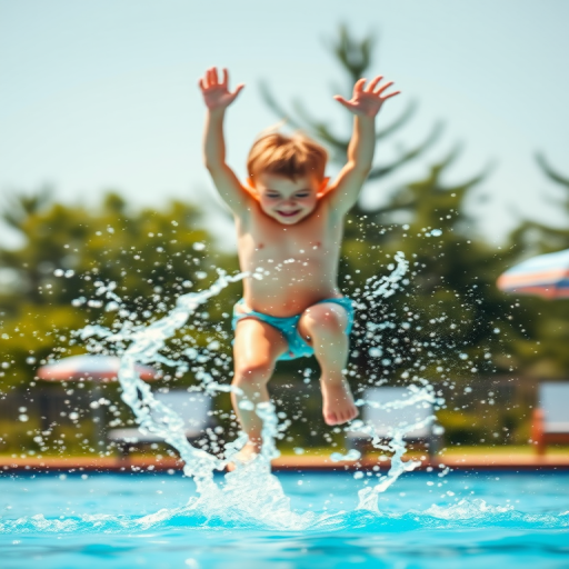 Blurry action shot of a child jumping into a swimming pool, water splashing in all directions, distant trees swaying gently, and the feeling of carefree summer fun.