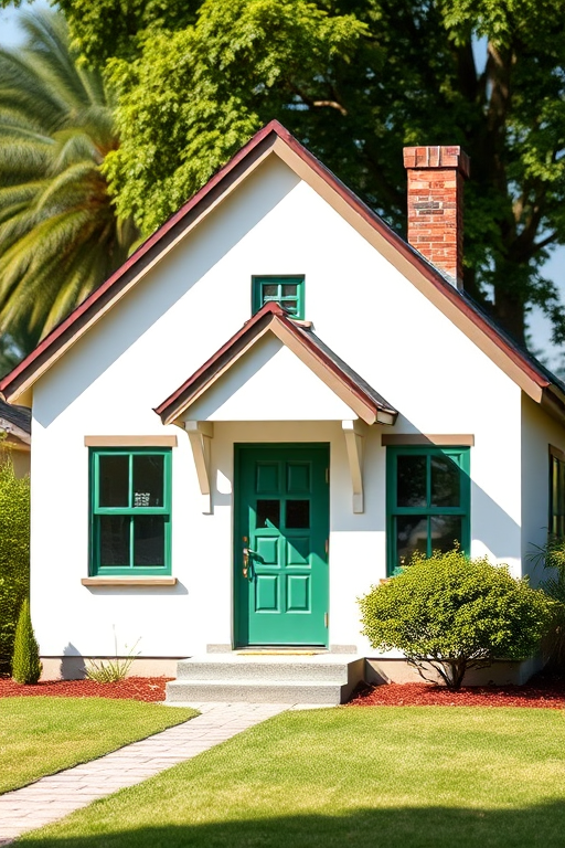 Create a high-resolution image of a simple, stylized house with a green door and chimney using a DSLR camera, lens aperture set to f/8, ISO 100, focal length of 35mm, in a front view, captured in natural daylight to enhance colors and details.
