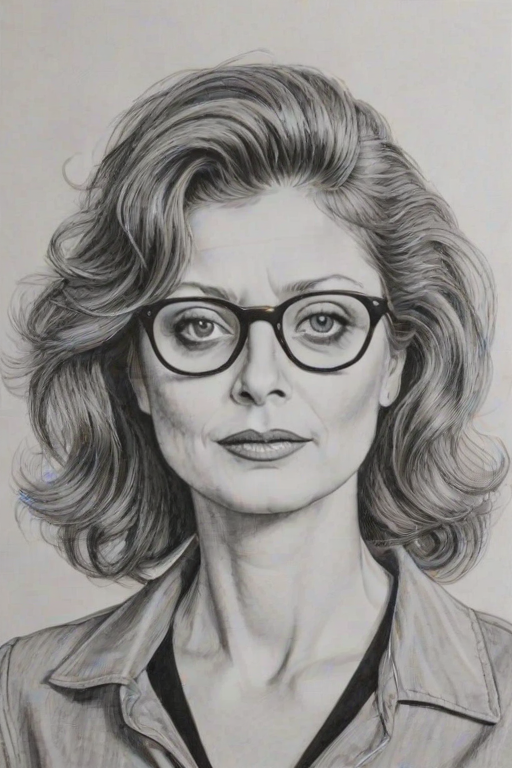 Appealing Susan Sarandon, pencil sketch, portrait of Beauteous woman 1944s in glasses, hair style beatnik, outline, clear lines, fine lines, 8k