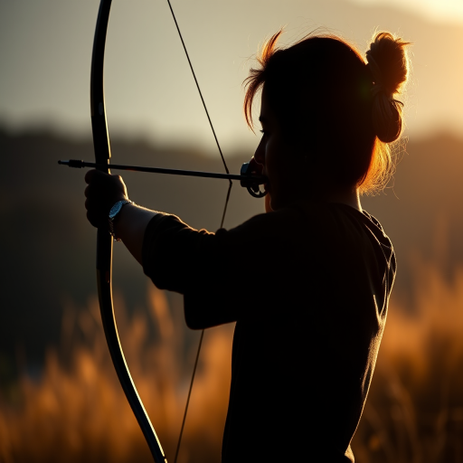 Create an image of a silhouette of a person drawing a bow, using a 50mm lens with an aperture of f/2.8, in natural light, with a shallow depth of field to enhance background blur, captured with a DSLR camera in landscape orientation.