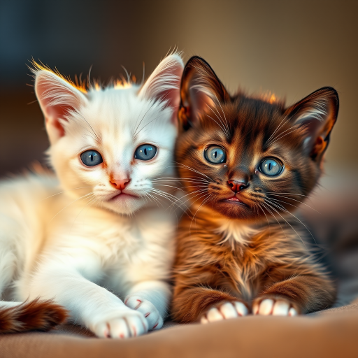 two cute kittens, one white with blue eyes and one dark brown with big eyes, lounging together with a soft focus background, golden hour lighting, captured with a Canon EOS R5 at f/1.8, ISO 100, 50mm lens, natural light, shallow depth of field