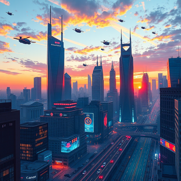 Generate a detailed digital illustration of a futuristic cityscape at sunset with skyscrapers, flying cars, and vibrant colors, shot with a Canon EOS R5, 50mm lens, f/1.8 aperture, ISO 100, using a wide-angle perspective to enhance depth and clarity.
