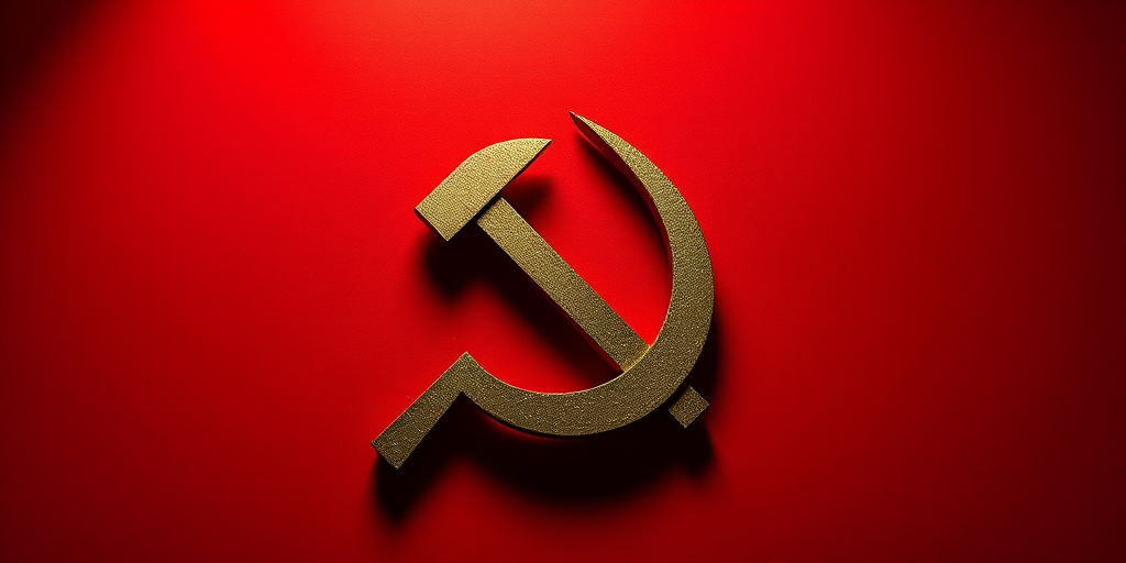 Create an image of the hammer and sickle symbol on a red background, using a Canon EOS R5 camera with a 50mm f/1.2 lens, shot in chiaroscuro style at ISO 100, f/8, and a shutter speed of 1/250s for sharp detail and vibrant colors.