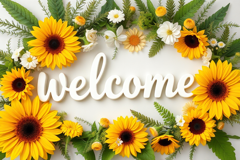 Create an image of a colorful floral arrangement featuring sunflowers, white flowers, and greenery surrounding the word "welcome!" in a playful and elegant font, shot with a Canon EOS R5, 50mm lens, f/2.8 aperture, natural soft light, high-resolution, top-down view.