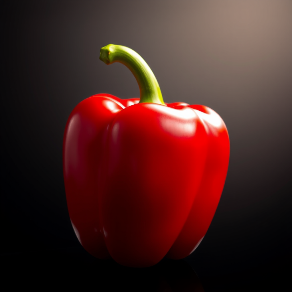 Create a high-resolution digital illustration of a vibrant red bell pepper with a smooth surface and a shiny texture, captured in a studio lighting setting, using a DSLR camera with a 50mm lens at f/1.8, ISO 100, and a shallow depth of field to emphasize the pepper against a softly blurred background.