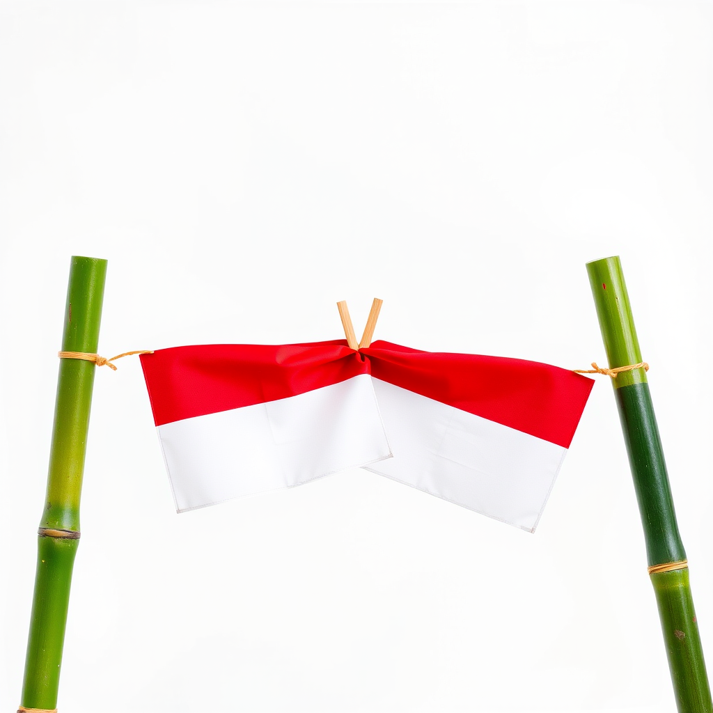 Create a high-resolution image of two crossed Indonesian flags tied to green bamboo poles against a transparent background, using a DSLR camera with an aperture of f/2.8, ISO 100, and a 50mm lens for sharp details and vibrant colors, capturing a frontal view in a soft natural light style.