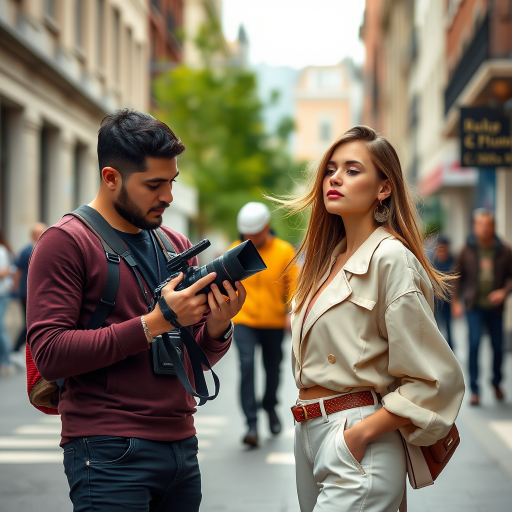 A cinematic street photography scene featuring a male videographer checking his camera settings while standing next to a female model in stylish attire, shot with a Canon EOS R5, 85mm lens, f/1.8 aperture, ISO 100, natural lighting for vibrant colors, shallow depth of field to blur the background, capturing the essence of urban fashion and creativity.