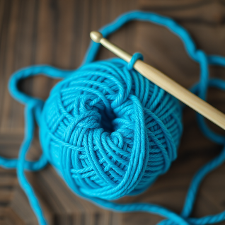 Generate a high-resolution image of a bright blue yarn ball with a crochet hook, captured with a DSLR camera at f/2.8 aperture, ISO 100, 50mm lens, top-down view, soft lighting for enhanced color vibrancy.