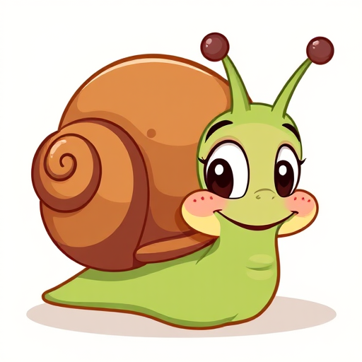 A cute cartoon snail with a brown shell and a green body, illustrated with exaggerated features, on a light-colored background, macro lens, f/2.8 aperture, 50mm focal length, natural lighting.