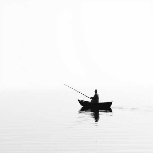 Create a high-contrast illustration of a person fishing in a small boat on a calm water body, with a minimalist design in grayscale, shot with a DSLR camera at f/8 aperture, ISO 100, 50mm lens, and a shallow depth of field to enhance the subject clarity while maintaining a blurred background.
