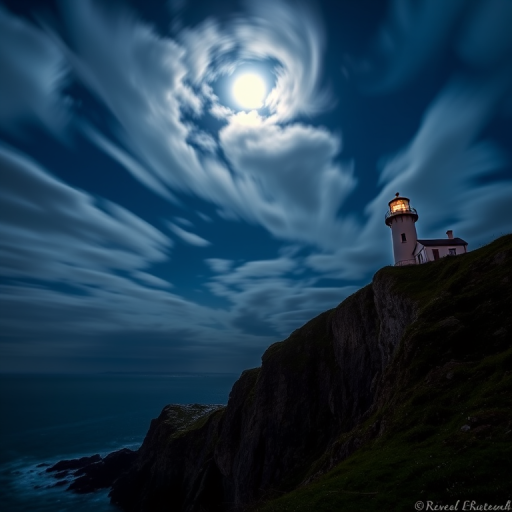 Capture a dramatic coastal scene featuring a lighthouse on a cliff at twilight, with a dynamic sky filled with swirling clouds illuminated by the moon, using a DSLR camera with a wide-angle lens, settings: ISO 100, f/8, 30 seconds exposure, tripod mounted, shot from a low angle to enhance the scale of the cliff and lighthouse.