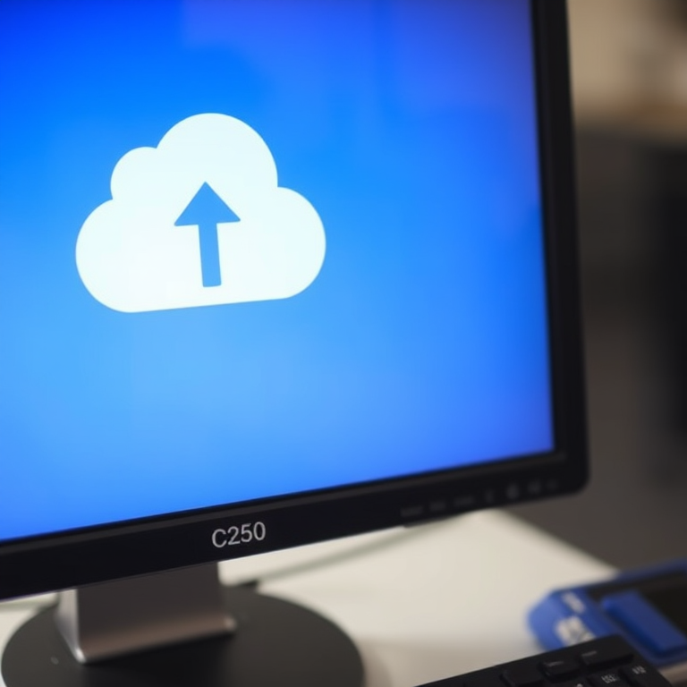 Generate a high-quality image of a computer screen displaying a blue cloud icon with an upward arrow, using a 50mm lens, f/2.8 aperture, ISO 100, and a perspective view from slightly above the monitor, captured with a DSLR camera.